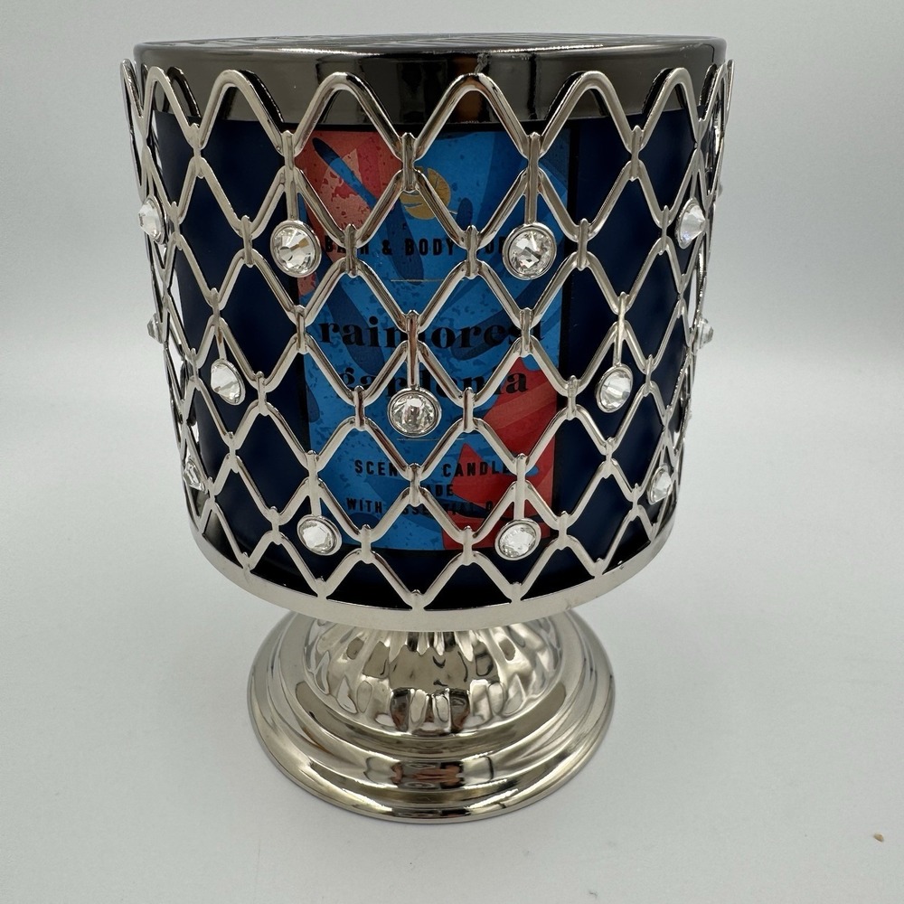 Bath‎ & Body Works SILVER WIRED GEMS PEDESTAL 3-Wick Candle Rainforest Gardenia